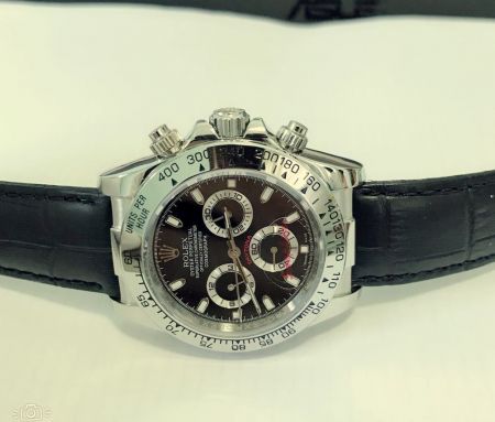 High Quality Copy Rolex Daytona Watch 40MM SS Black Dial w/ Black leather Strap